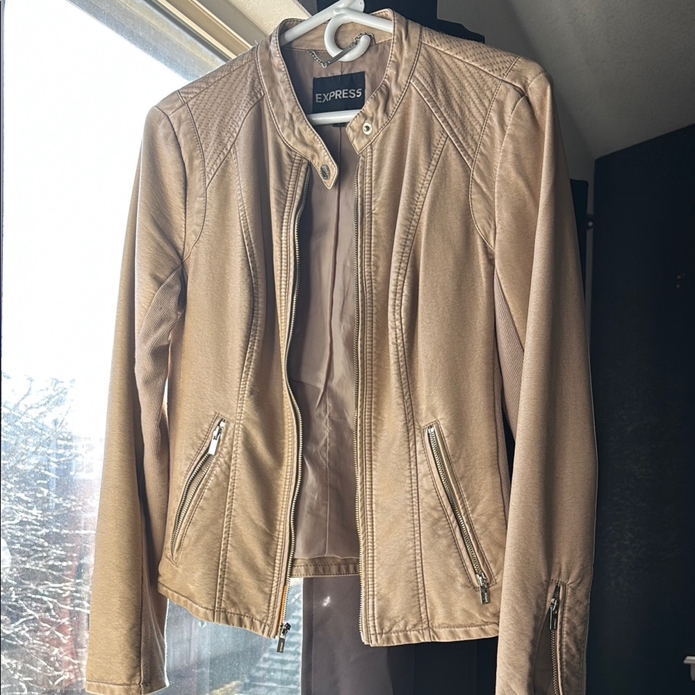 Express Tan Leather Jacket with Quilted Shoulders